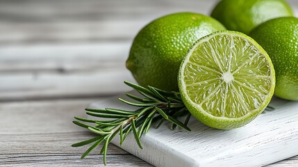 Aufkleber - Fresh limes and rosemary springs on white wooden cutting board : Generative AI