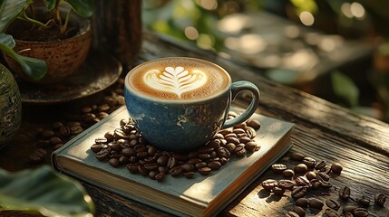Aufkleber - Cup of coffee cappuccino with coffee beans and a book on a wooden background : Generative AI
