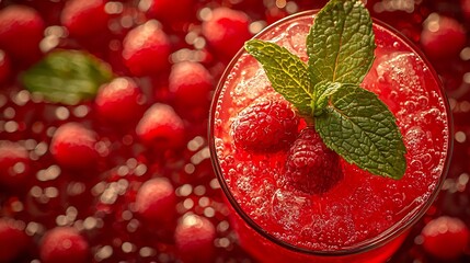 Poster - Raspberry cocktail fizz lemonade ice tea with fresh mint Close up Top view : Generative AI