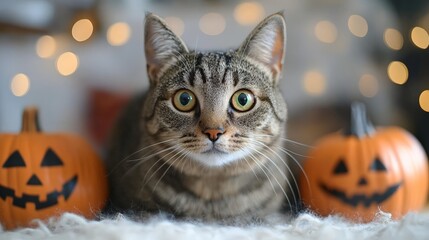 A cat with Halloween decorations, created with Generative AI technology.