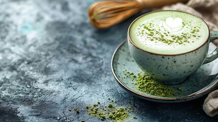 Aufkleber - Matcha green tea latte and bamboo whisk Grey and blue background Copy space : Generative AI