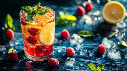 Poster - Raspberry cocktail fizz lemonade ice tea with fresh mint on blue wooden background Close up Copy space : Generative AI