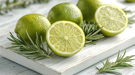 Aufkleber - Fresh limes and rosemary on a white wooden cutting board Top view : Generative AI