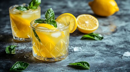 Aufkleber - Vodka lemon cocktail lemonade ice tea in glasses Grey background Close up : Generative AI