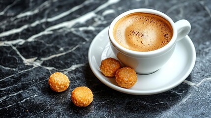 Aufkleber - Coffee espresso in cup with amaretti cookies on black marble background Copy space : Generative AI