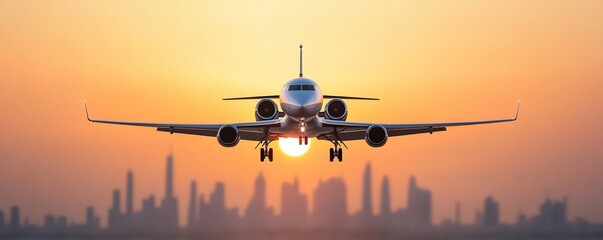 Sleek private jet soaring above Dubai skyline during sunset, luxury travel and business lifestyle, golden sky backdrop, private jet, luxury travel