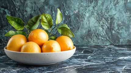 Leinwandbilder - Fresh Meyer lemons in white bowl on marble board Blue background Copy space : Generative AI