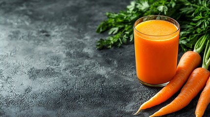 Poster - Carrot juice in glass and fresh carrots Healthy food on a grey stone background Top view : Generative AI
