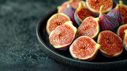Poster - Fresh figs on black plate Dark background Close up Top view : Generative AI