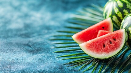 Poster - Watermelon slices on green palm leaf Blue background Copy space : Generative AI