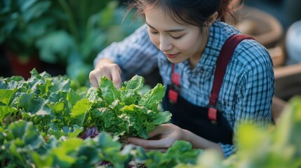 An Asian woman farmer tending to organic vegetables in her small farm, carefully inspecting each plant, surrounded by vibrant greens and fresh produce