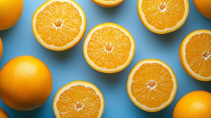 Poster - Fresh oranges on blue background Top view : Generative AI