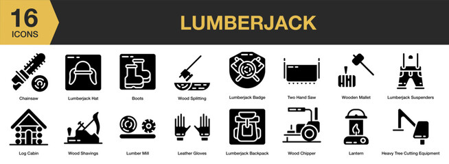 Lumberjack solid icon set. Includes boot, chainsaw, lantern, leather gloves, and More. Solid icons vector collection.