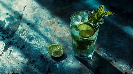 Aufkleber - Mojito cocktail with lime and mint in highball glass on a grey stone background : Generative AI