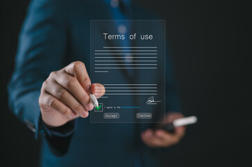 terms of use business concept. businessman sign and terms of use and reading terms and conditions of