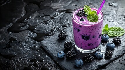 Poster - Blueberry blackberry honeysuckle honeyberry smoothie with violet syrup and acai berry powder on a stone background : Generative AI