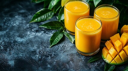 Poster - Fresh tropical fruit smoothie mango juice and fresh mango on grey background Copy space : Generative AI