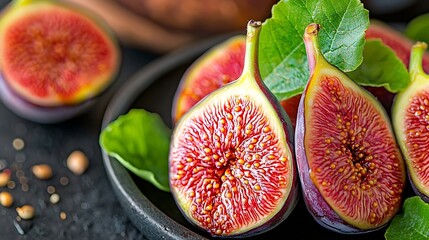 Poster - Fresh figs on black plate Dark background Close up : Generative AI