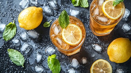 Poster - Lemon ice tea lemonade Grey background Copy space Top view : Generative AI