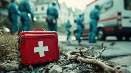 Emergency First Aid Kit for Rescue Services. Red first aid kit sits on the roadside, symbolizing emergency medical services. Rescue workers in blue prepare for action.