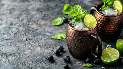 Poster - Moscow Mules cocktail with ginger beer vodka lime and mint Grey background Copy space Top view : Generative AI