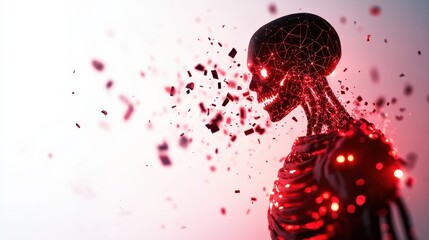 Poster - Abstract digital human figure disintegrating with red lights, white isolated background