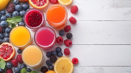 Poster - Smoothies juices beverages drinks variety with fresh fruits and berries on a white wooden background Top view : Generative AI
