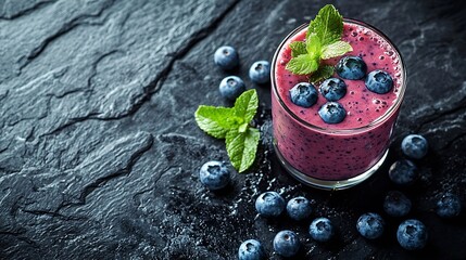 Poster - Berry smoothie with fresh blueberries on a black stone background Top view : Generative AI