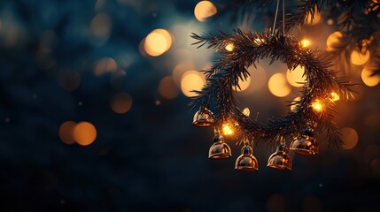 Wall Mural - Christmas wreath with bells and lights, blurred bokeh background.