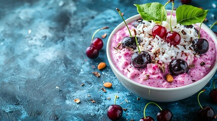 Poster - Smoothie bowl with fresh black cherries coconut flakes almond and cocoa nibs Blue stone background Top view Copy space : Generative AI