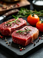 Wall Mural - Fresh cuts of beef with herbs and tomatoes on a slate board