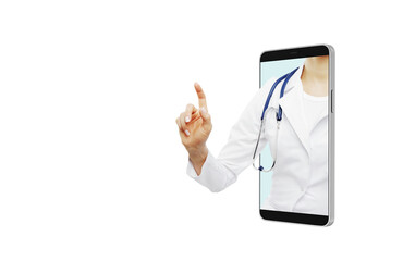 Doctor partially out of a smartphone screen on white background, concept of telemedicine