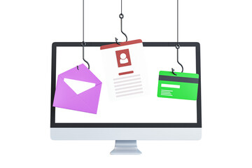 Phishing elements hanging from hooks on a computer screen, white background, concept of digital threats. 3D Rendering
