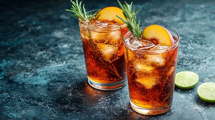 Poster - Peach cocktail fizz ice tea with fresh rosemary and lime Blue background : Generative AI