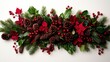 © lertsakwiman - Festive arrangement of pinecones, holly, and red flowers on white background.