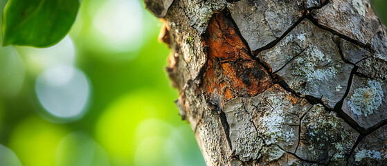 Close-up of tree bark with cracked texture and a small patch of orange.