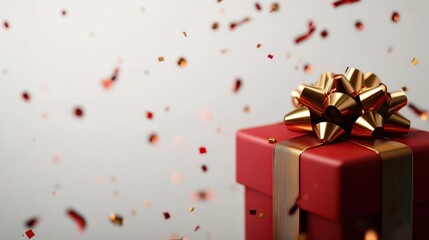 Festive red gift box with gold ribbon and bow, surrounded by confetti.