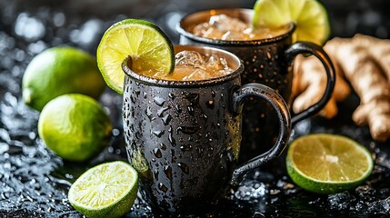 Poster - Cold Moscow Mules cocktail with ginger beer vodka lime Grey stone background : Generative AI