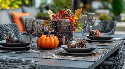 Poster - Autumn table place setting with pumpkin thanksgiving halloween decoration Top view Copy space : Generative AI