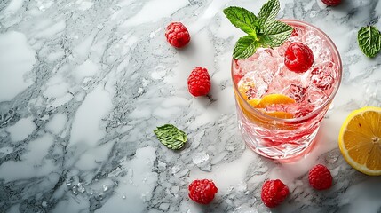 Poster - Raspberry cocktail fizz lemonade ice tea with fresh mint on marble background Copy space : Generative AI
