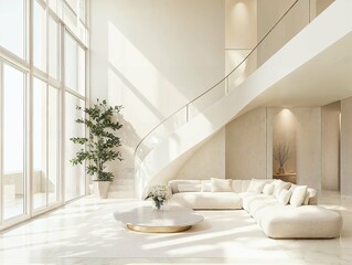 Spacious modern living room with high ceilings and a grand curved staircase, featuring white furniture and large windows that flood the space with natural light, creating an airy, luxury atmosphere.