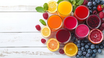 Poster - Smoothies juices beverages drinks variety with fresh fruits and berries on a white wooden background : Generative AI