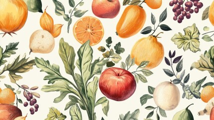 Watercolor Illustration of Fruits and Foliage