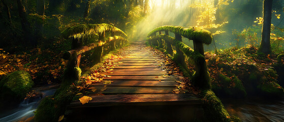 Sunbeams illuminating a wooden bridge in a lush, mossy forest.