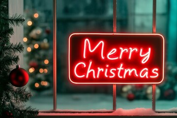 Festive neon sign saying Merry Christmas by a decorated window.