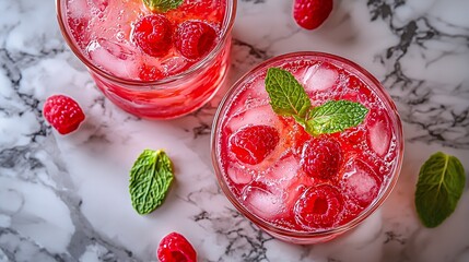 Poster - Raspberry cocktail fizz lemonade ice tea with fresh mint on marble background Top view Copy space : Generative AI