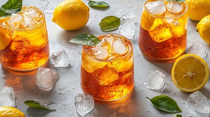 Poster - Ice tea with fresh lemons Grey background Copy space Top view : Generative AI