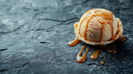 Aufkleber - Vanila Ice cream scoop with caramel topping on grey stone background : Generative AI
