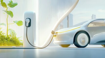 A sleek electric vehicle plugged into a charging station, with a focus on the charging cable and plug, representing green technology and sustainability.