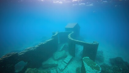 Underwater ruins of an ancient stone structure in clear blue ocean